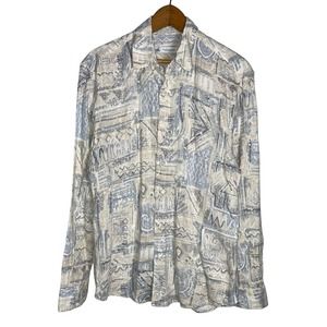 ZARA Cream Gray Print Linen Blend Button Down Shirt        Size: M